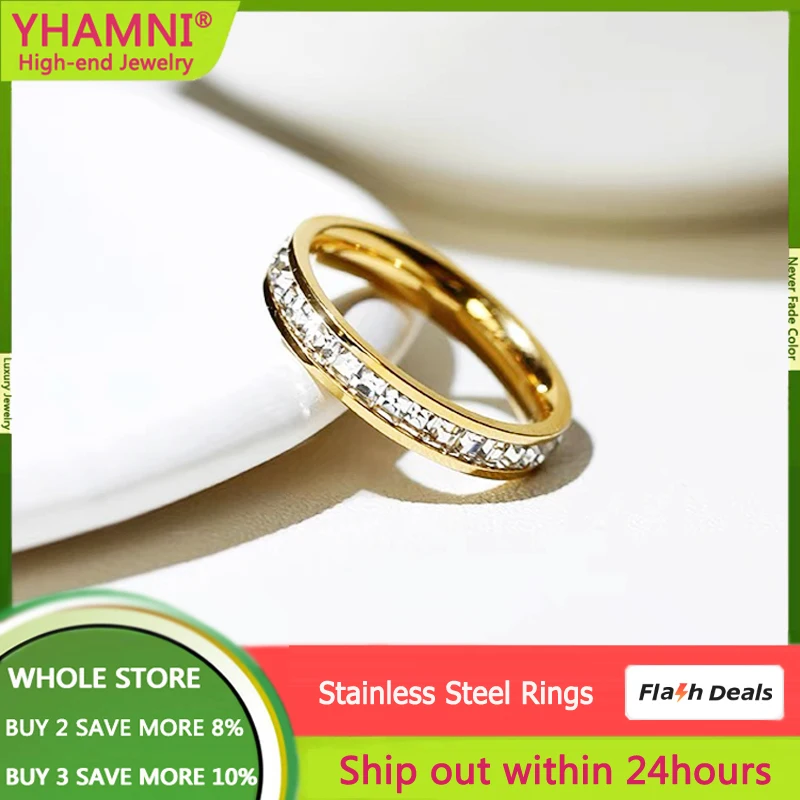 

Never Fade Luxury Gold Color Whole Circle Sparkling Square Zircon Stainless Steel Rings Women Fashion Accessories Party Jewelry