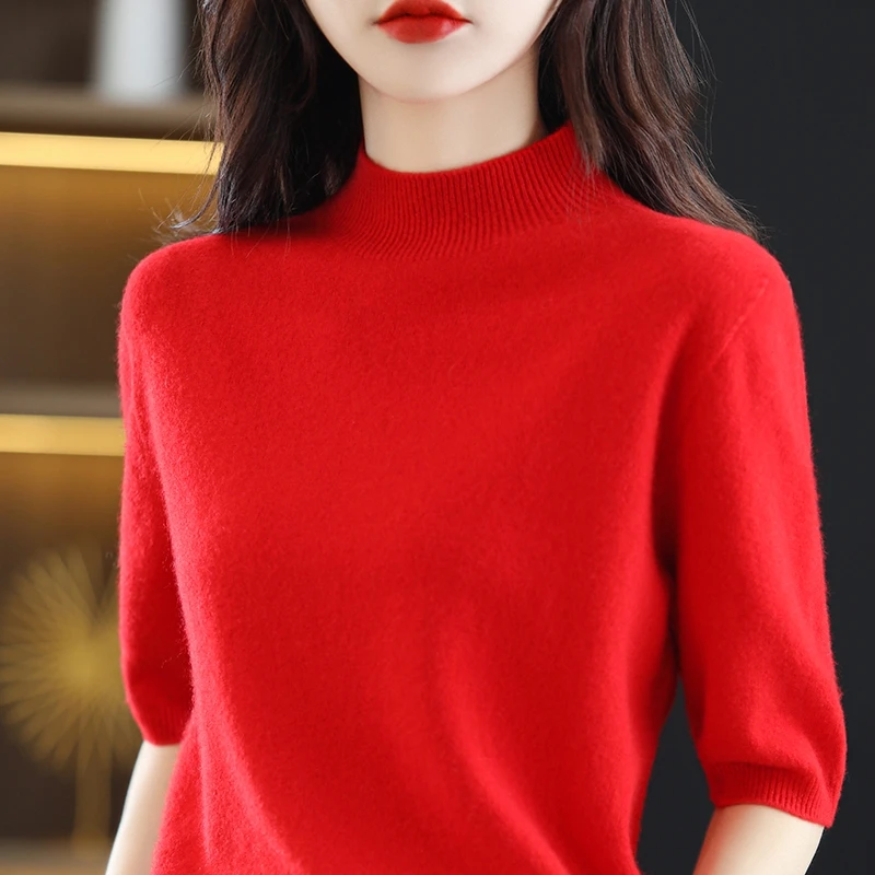 

2022 new advanced technology knitted cashmere sweater half sleeve fashion women's clothing 100% pure wool one line ready-to-wear