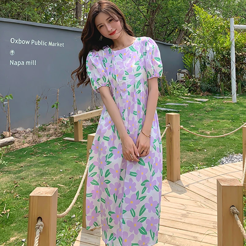 

Summer Floral Chiffon Short Sleeve Midi Dress Women Casual Boho Beach Sweet Loose Sundress 2023 Elegant Party French Maxi Dress