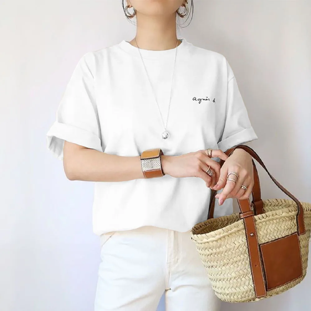 

T-shirt Letter Print Round Neck Korean Casual Tops Women Harajuku Fashion White T-shirts Loose Summer Short Tee Shirts Blouse