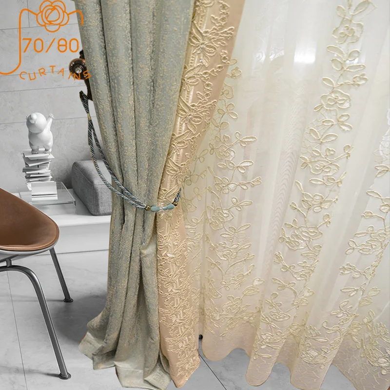 

New French Light Luxury Mint Green Jacquard Lace Stitching Blackout Curtains for Living Room Bedroom Partition Customization