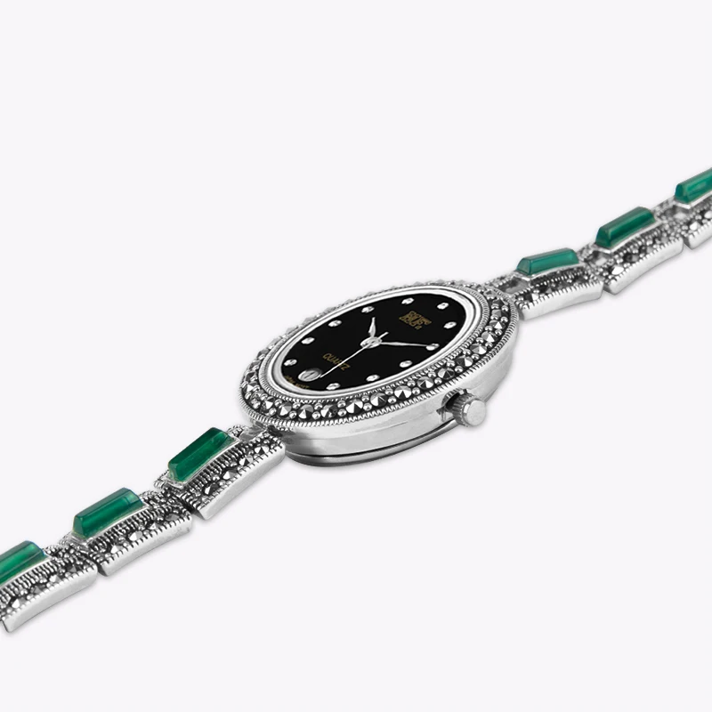 YYSUNNY Women's Fashion Oval Watch Vintage S925 Sterling Silver Bracelet Inlaid with Green Onyx Elegant Jewelry Birthday Gift enlarge