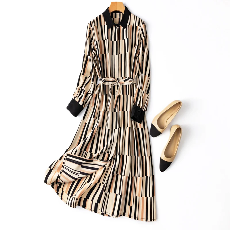 

New Natural Silk Shirt Dress Women Office Lady Straight Sashes Mid-Calf Turn-down Collar Summer Geometric Print