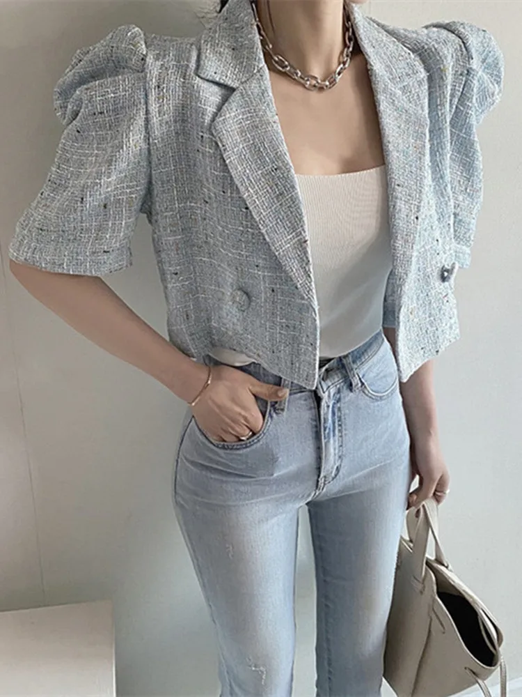 

Summer Women Tweed Short Coat Vintage Small Fragrance Puff Sleeve Crop Top Fashion Casual Woolen Jacket Outwear Chaqueta Mujer