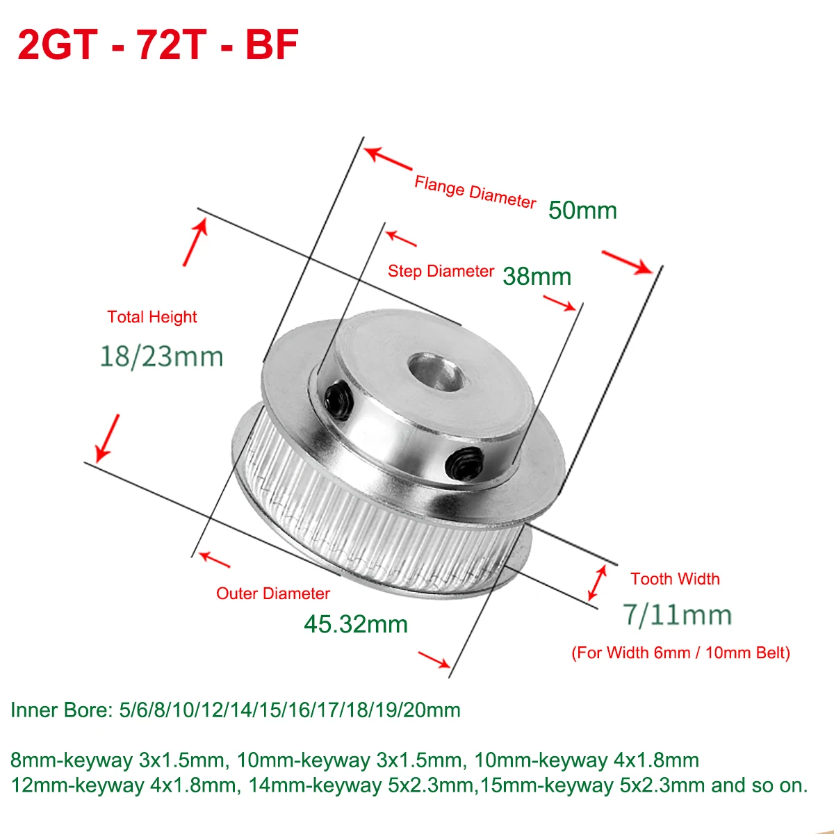 

2GT 72T Timing Pulley Bore 5/6/8/10/12/14/15/20mm BF keyway Synchronous Wheel For Width 6/10mm GT2 Timing Belt 3D Printer Parts