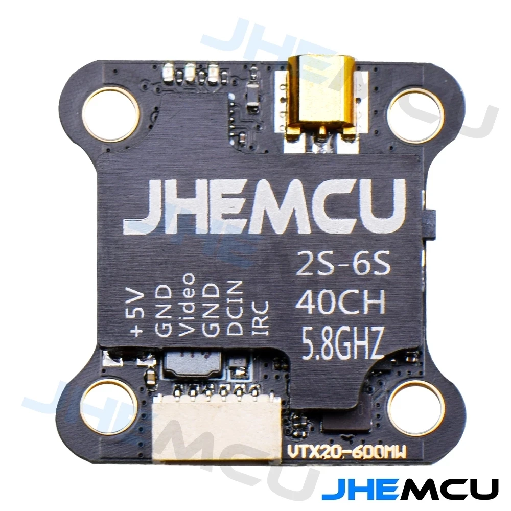 JHEMCU VTX20-600 5.8G 40CH PitMode 25mW 100mW 200mW 400mW 600mW Регулируемый передатчик видео сигнала 7-26V для гонок RC FPV и фристайла на дронах 20х20 мм.