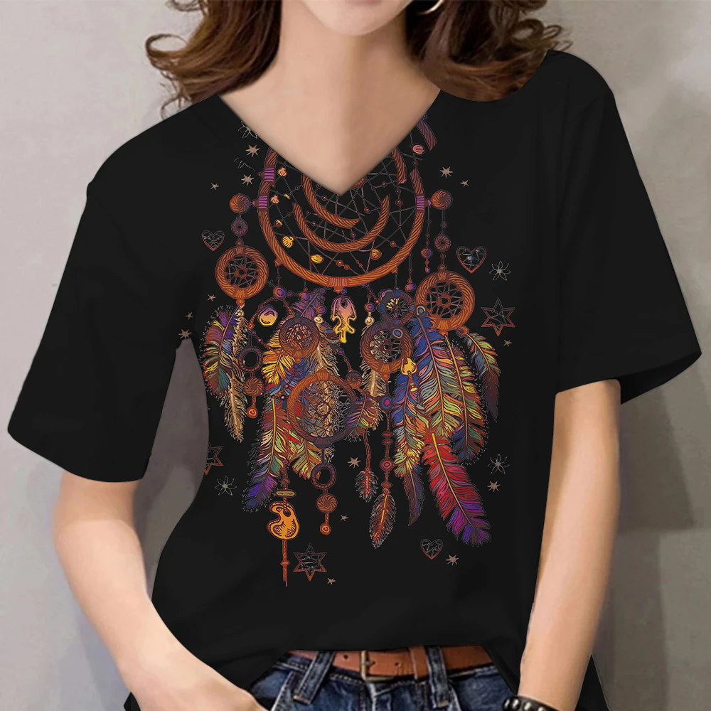 

Feather Pattern T-shirt Simple Tops Summer O-Neck Casual Short Sleeve Blouse Female Daily Streetwear Classic Printed Clothing