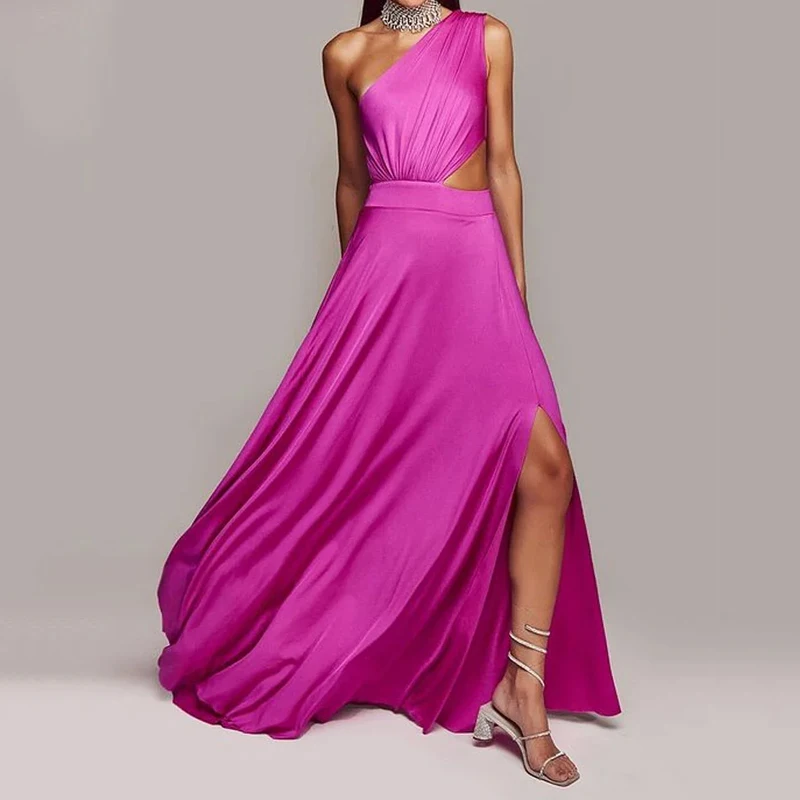 

Hollow Out Nipped Waist Slim Slit Evening Dresses Streetwear Wefads Women Maxi Dress Elegant Solid One Shoulder Sleeveless