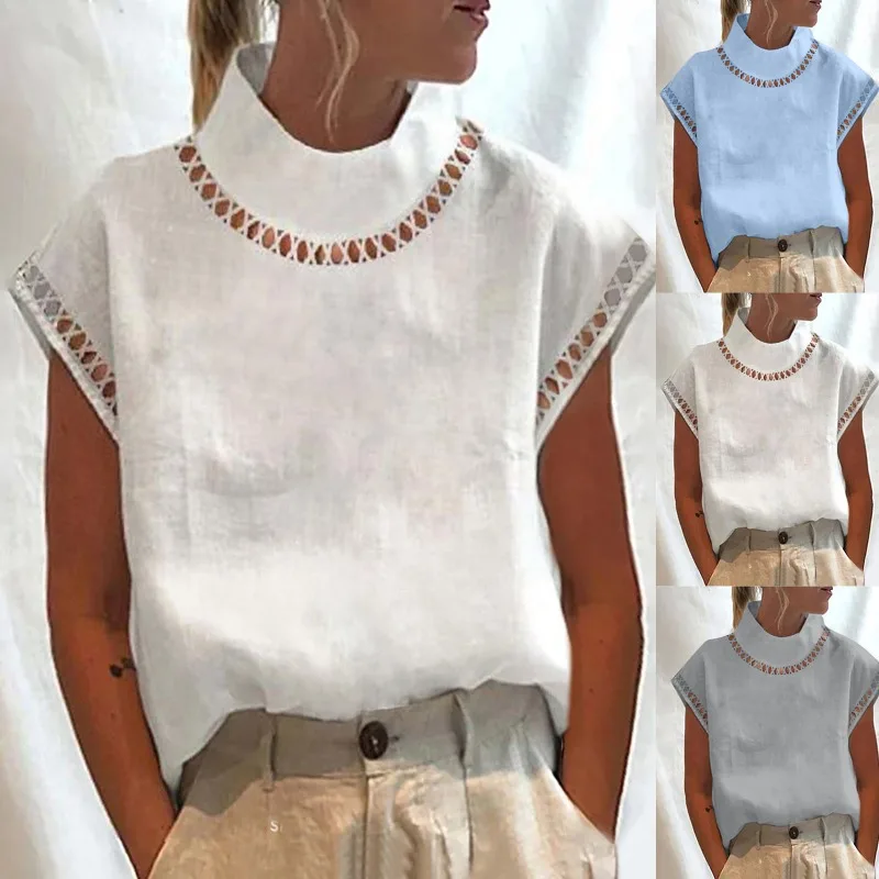 

2023 New Button Up Women Blouse Solid Color Summer Hollow Out Pullover Lace Loose Short Sleeve Shirts Camisasy Blusas Mujer Top