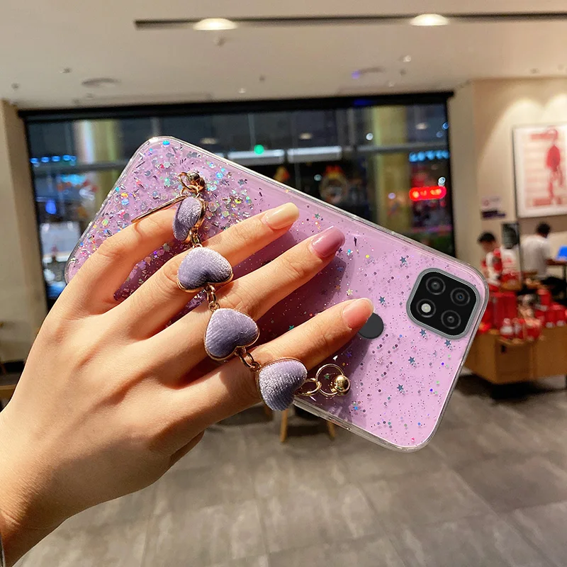 luxury love heart plush bracelet phone case for realme c21 6 7 7i 8 8i pro c11 c15 c25 xt x50 x7pro wrist chain silicon cover free global shipping