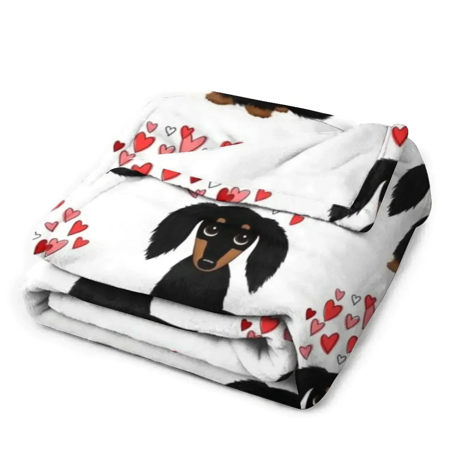 Черно-коричневое длинношерстное одеяло для таксы с сердечками мягкое плед