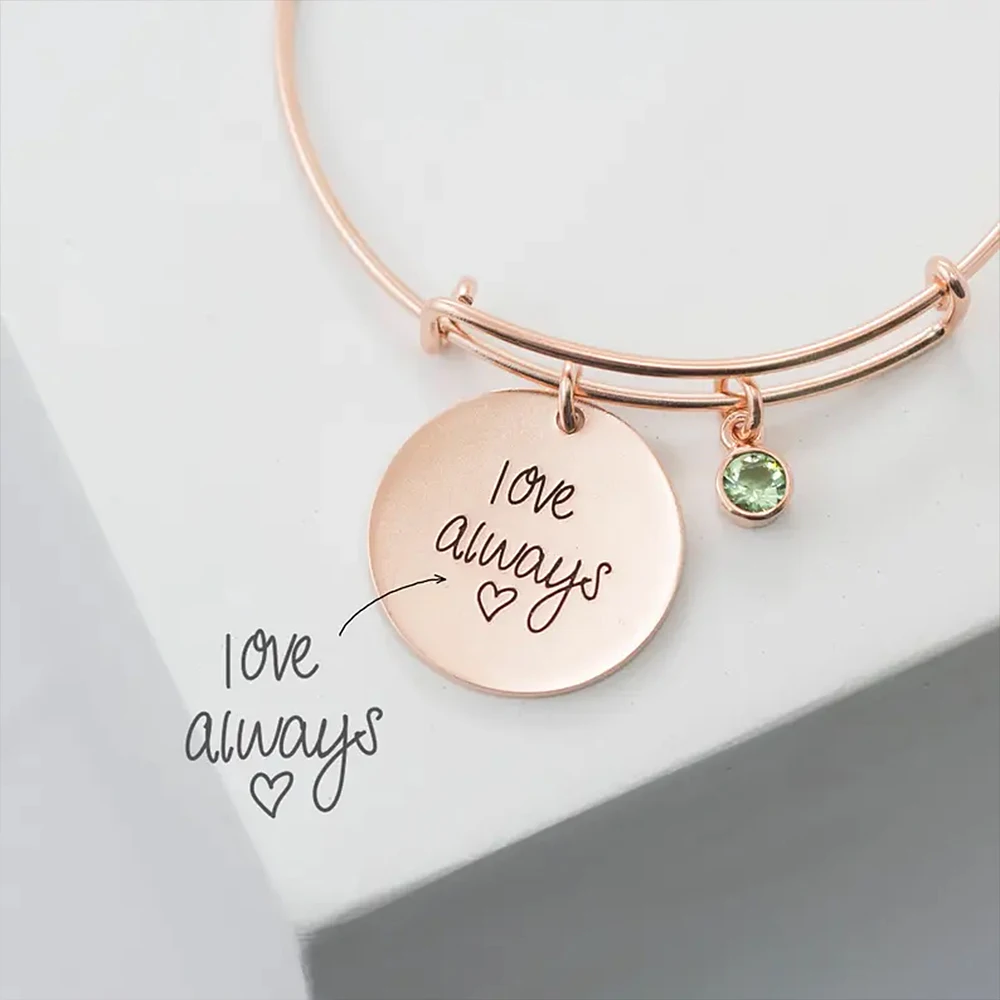 Custom Bangle for Women Personalized Engraved Name Round Pendant with Birthstone Charms Bracelets Stainless Steel Jewelry Gifts