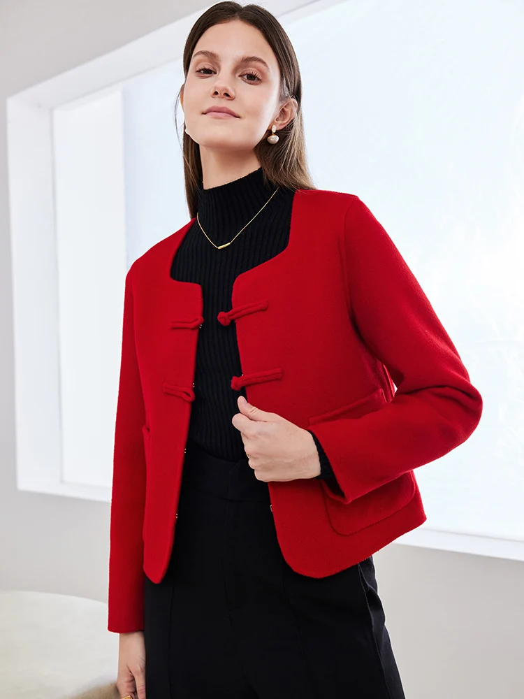 Новый китайский двусторонний дафлкот без воротника из чистой шерсти женский