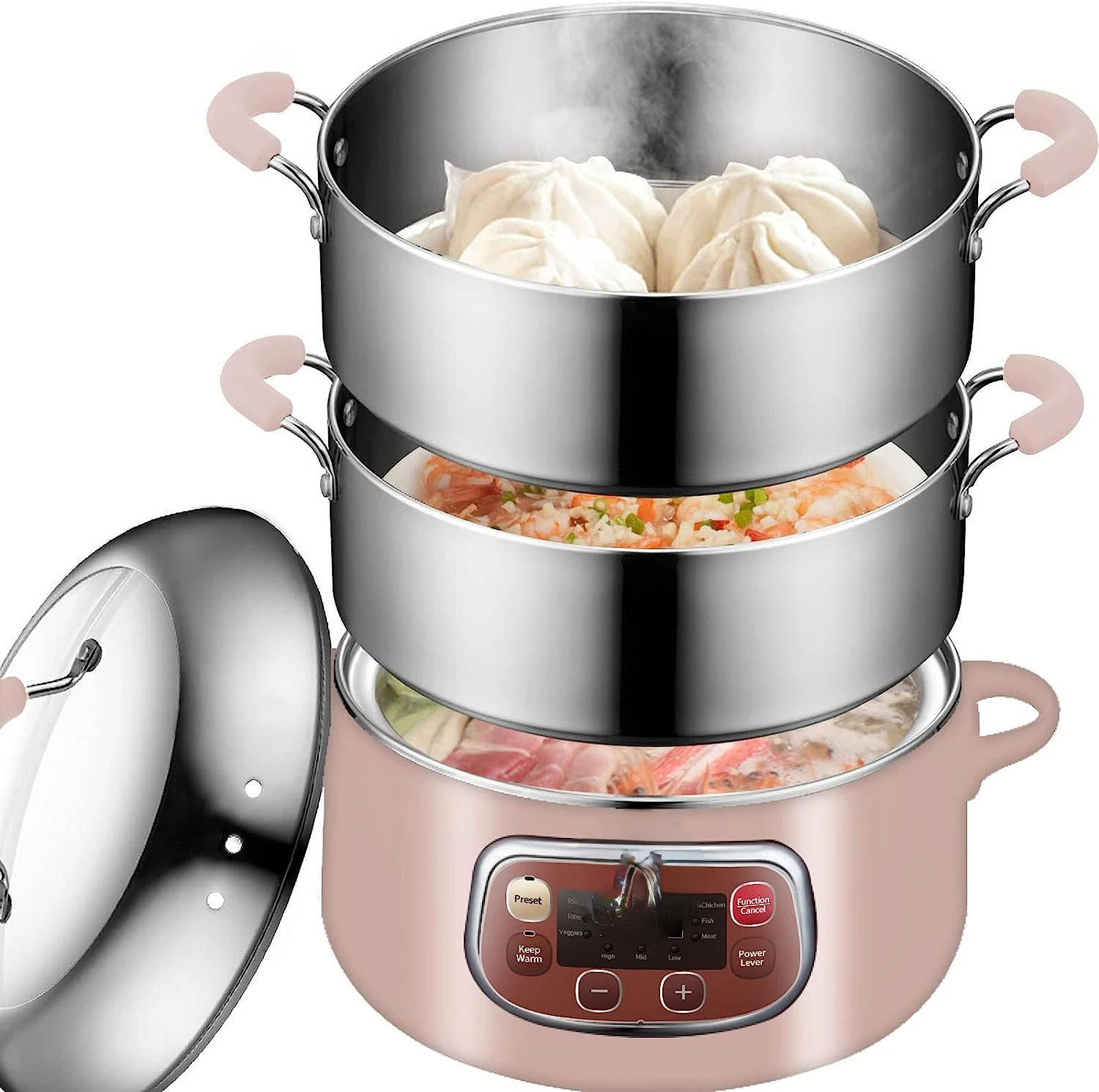 

Multifunctional Food Steamer, One Touch Digital Steamer with Timer, Vegetable Steamer 2 Tiered Stackable Stainless Steel Baskets