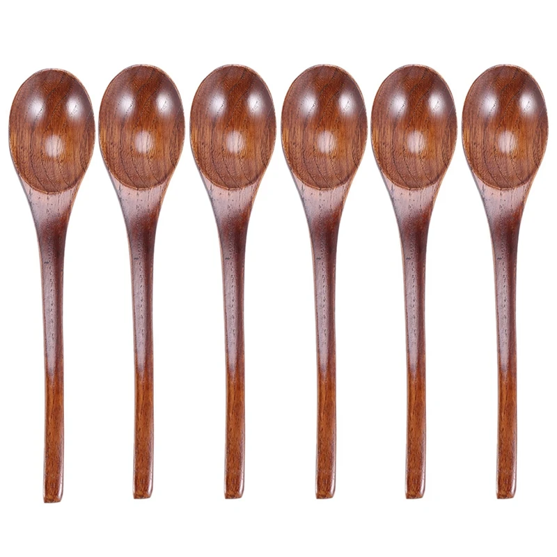 

Деревянные суповые ложки, 6 шт., 7,84 дюйма, японские рамен-ложки, круглая наньму деревянная длинная ручка, детский рисовый десерт, темно-коричн...