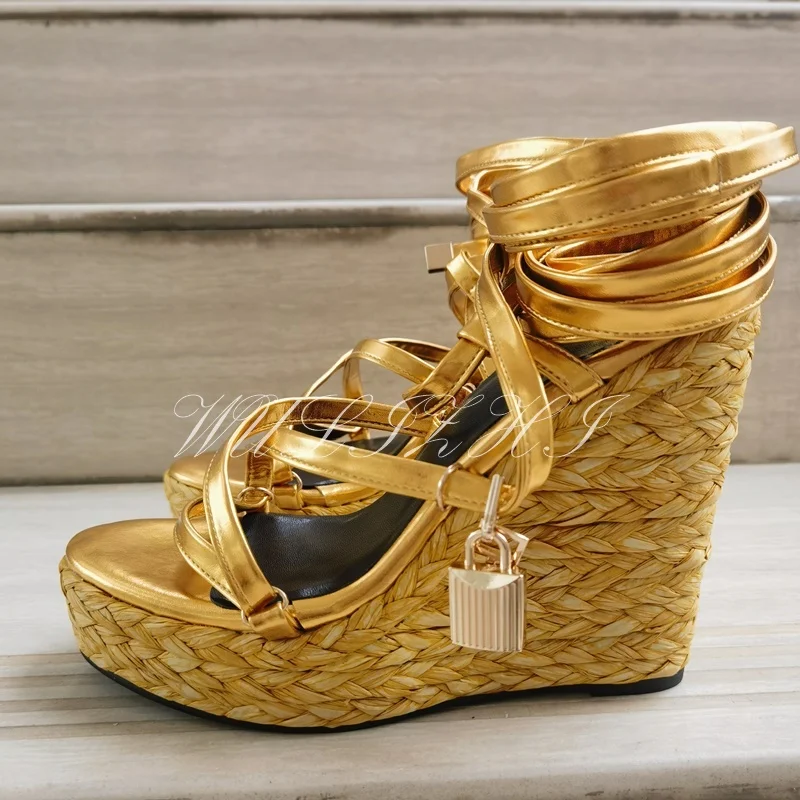 Woman Gold Bling Cross Metal Buckle Wedge New Espadarille Strap Design Platform Open Round Sandals Lace Hollow Sexy Luxury Shoes