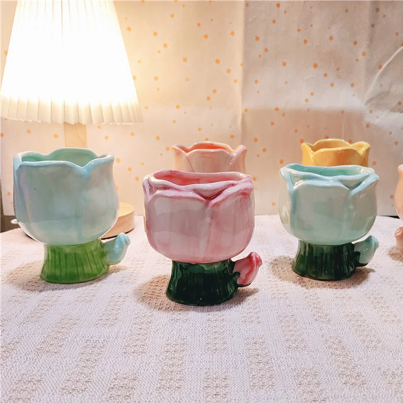 

1PC Home Decor Hand-kneaded Aromatherapy Candle Holder Scented Candle Container Ceramic Mugs Candle Jar Tulip Flower Cup