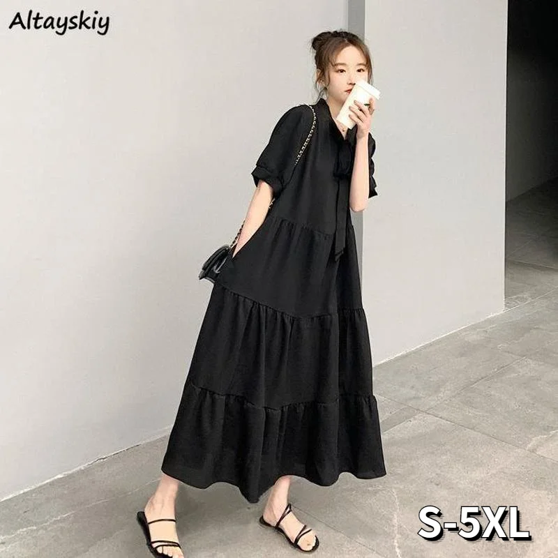 

Women Dress Summer Loose All-match Plus Size 5XL Simple Preppy Style Bow Solid Black Daily Ruffles Sweet Chic Harajuku Ulzzang