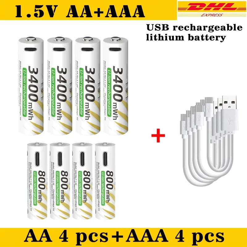 Фото Новые литий-ионные аккумуляторные батареи типа AAA и AA, USB-литий-ионные аккумуляторы 3400 мВтч, 1,5 В, AA + 800 мВтч, 1,5 В, батарея AAA №1
