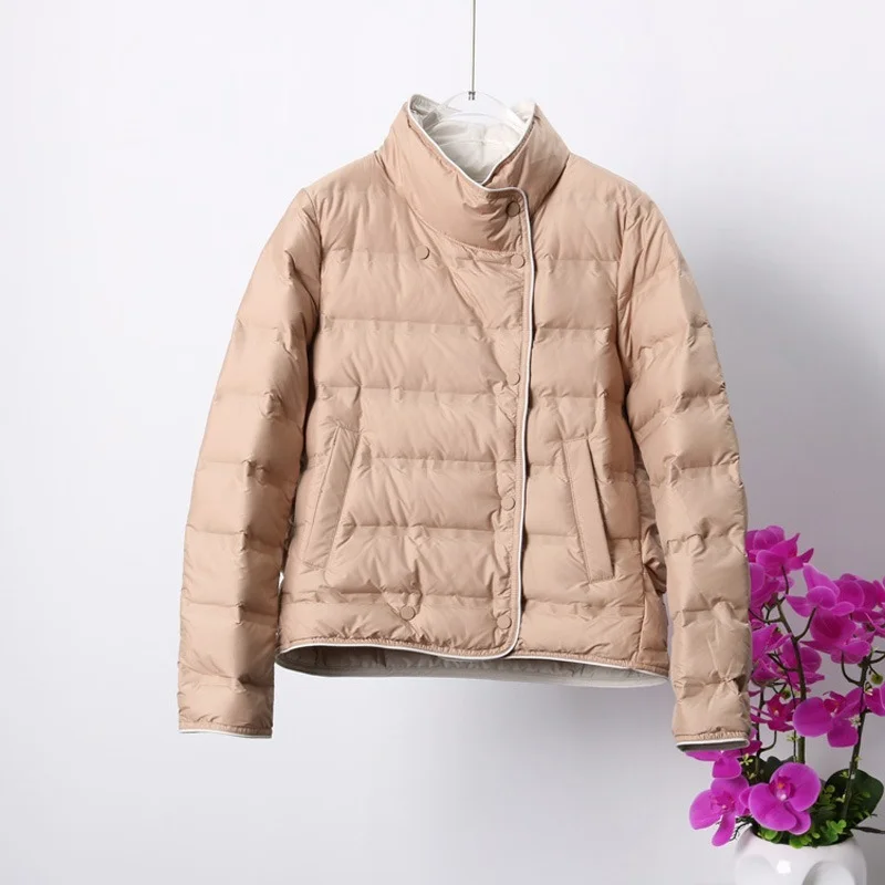 Lightweight Down Jacket Women Autumn Winter New Stand Collar Short White Duck Down Color Matching Coat