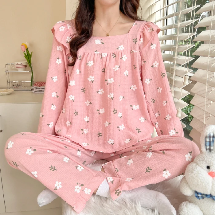 CAIYIER Korean Flower Girls Sleepwear Sweet Square Collar Ruffles Nightwear For Ladies Autumn Winter Soft Cute Pyjamas Female