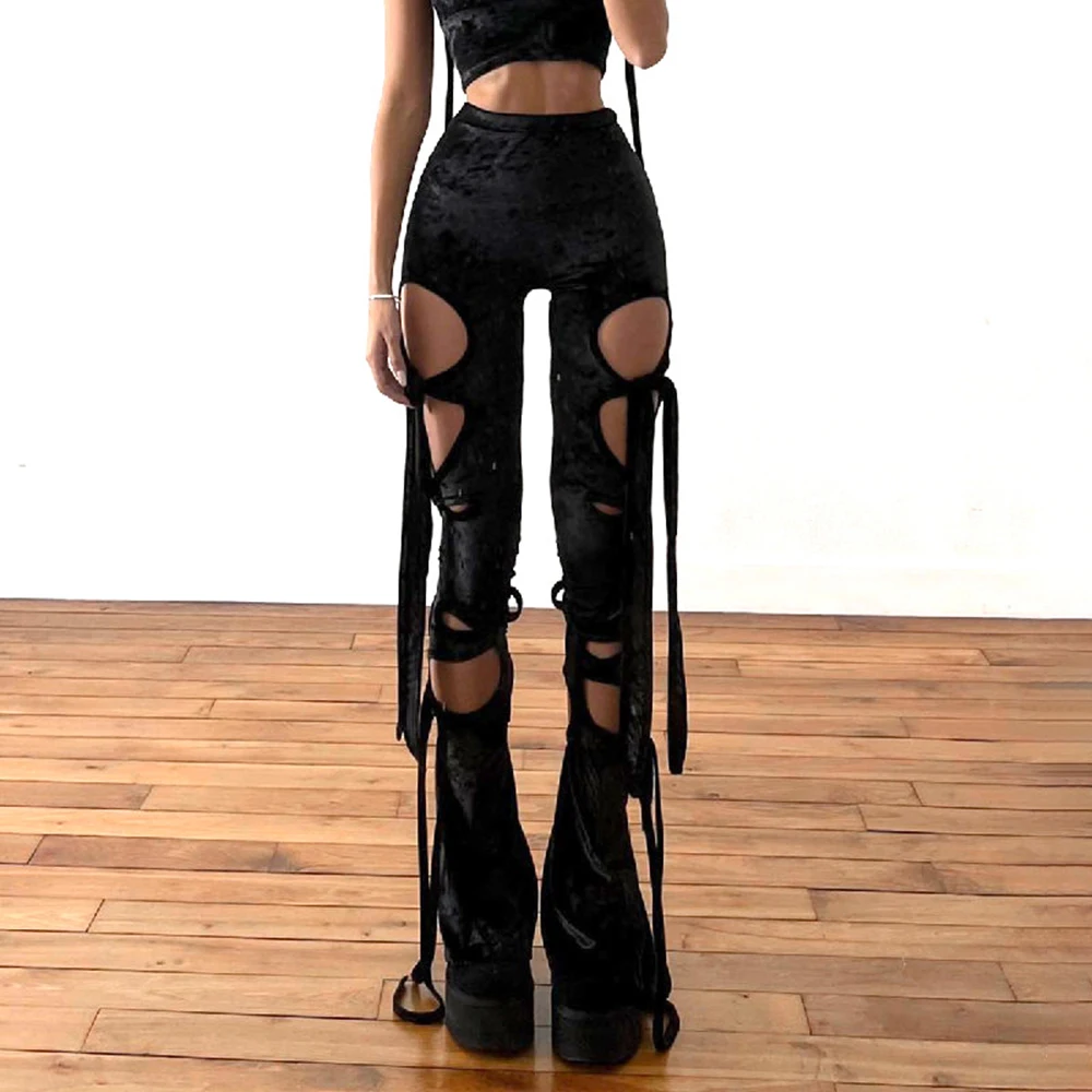 

2023 Spring New Women's Clothing Yk2 Sexy High Waist Hollow Bandage Hole Trousers Fashion Versatile Straight Leg Pants Women