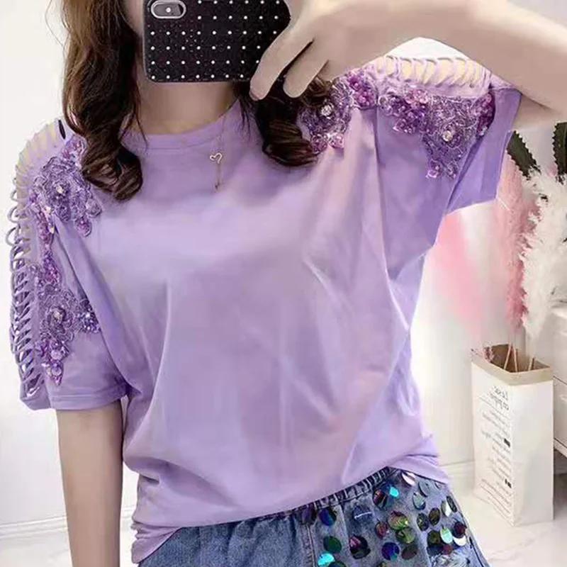 

Stylish O-Neck Off Shoulder Sequined Diamonds Blouse Women's Clothing 2023 Summer New Casual Pullovers Tops Loose Commute Shirt