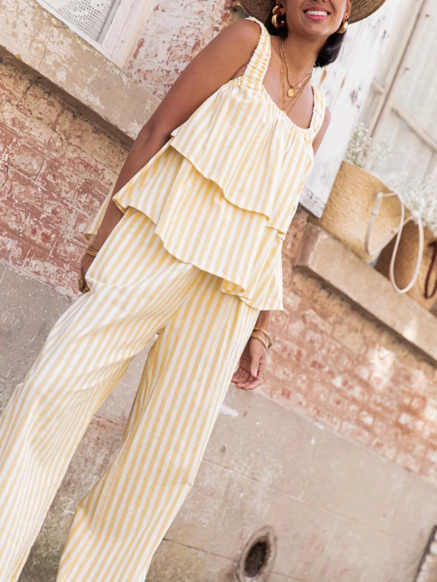 Женский летний комплект из 2 предметов в полоску блузка без рукавов с круглым