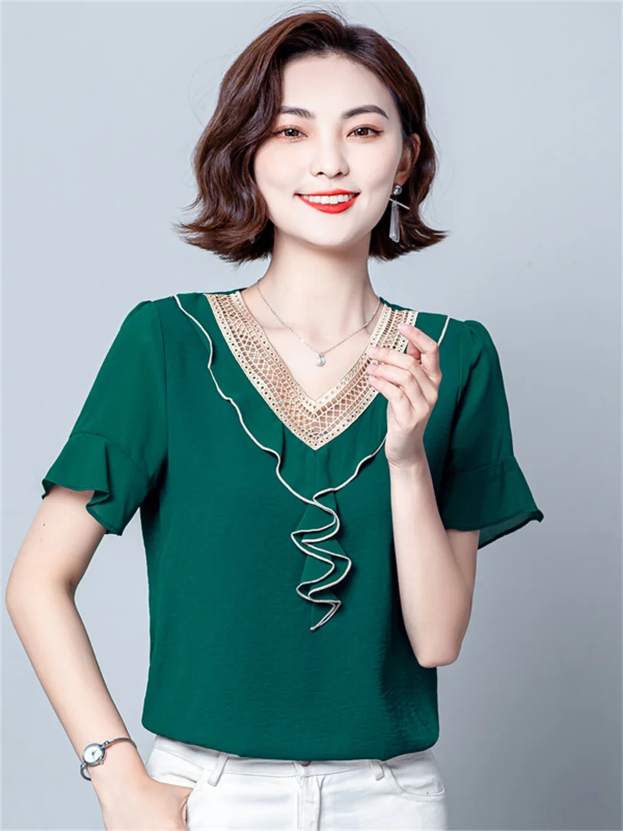 

Woman Summer Style Blouses Tops Lady Casual Short Sleeve V-Neck Solid Color Blusas Tops DF4321