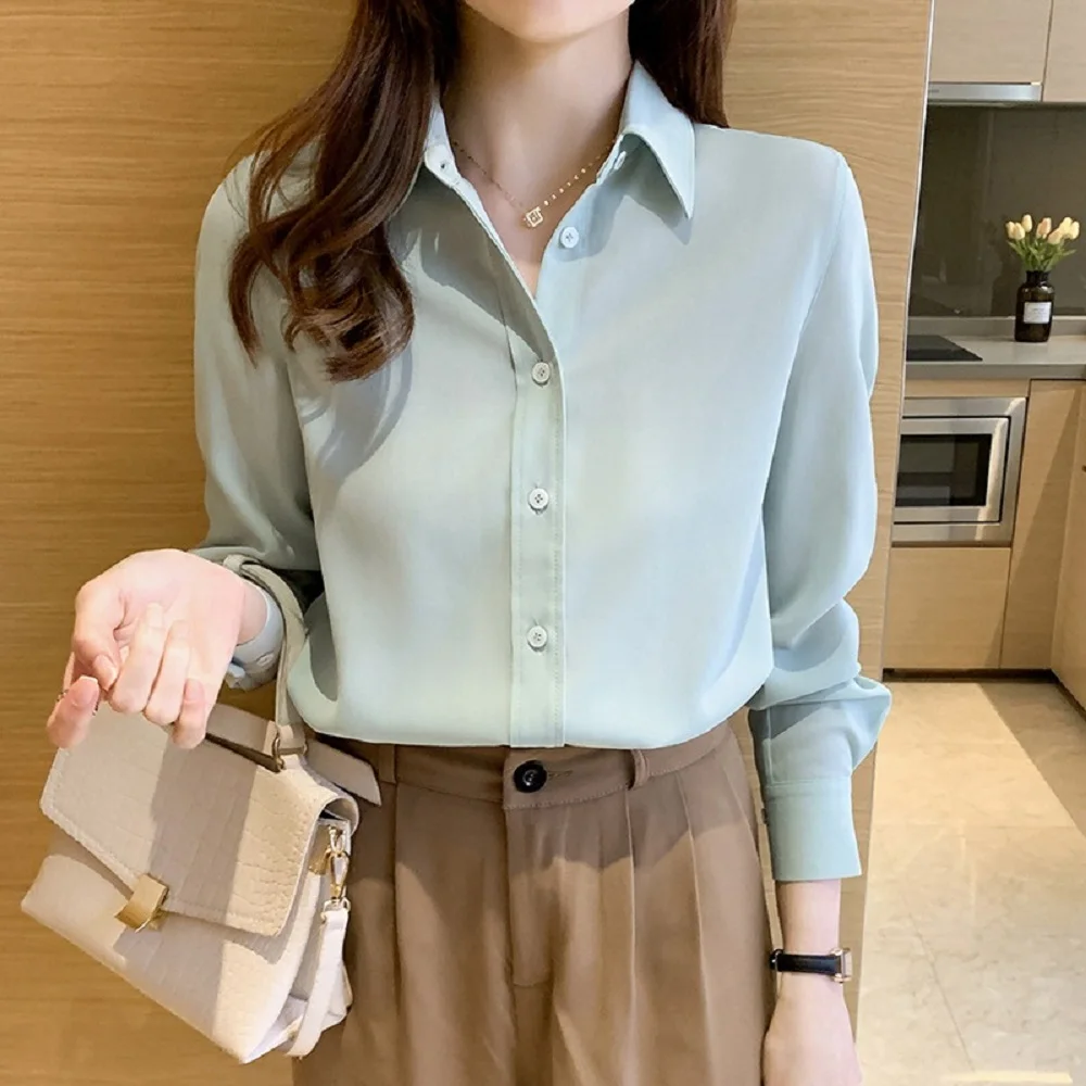 

Long-Sleeved Shirt Women's 2022 Autumn New Solid Color OL Professional Chiffon Shirt White-collar Top
