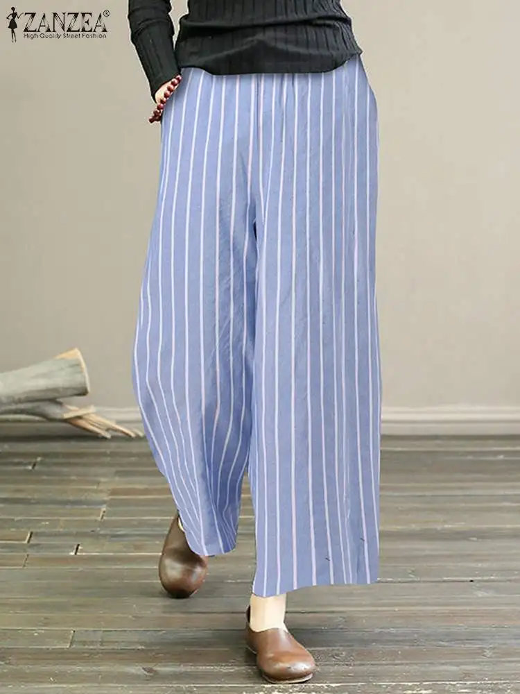 

Брюки ZANZEA женские праздничные с широкими штанинами, Длинные Модные Повседневные Элегантные брюки с принтом в полоску, с эластичным поясом, ...