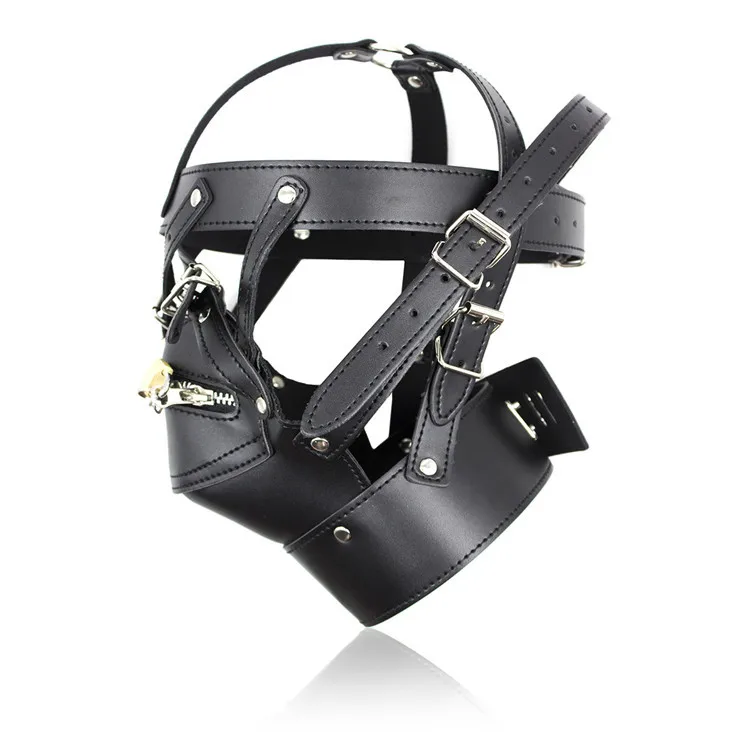 

PU leather Head Hood Harness Lockable Mouth Zipper Mask Padlock Sex Toys BDSM Bondage Headgear Slave Restraint Adult Game