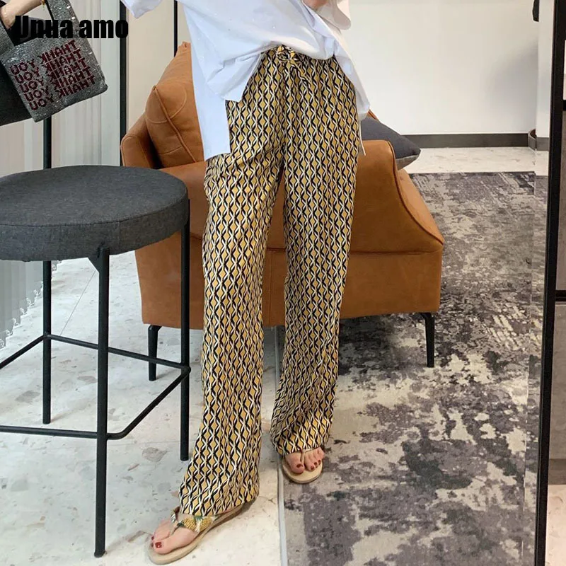 

Wide Leg Pants For Women Causal Bandage Trousers Summer Harajuku Floral Geometric Print Bohemia