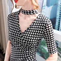 short sleeved t shirt womens summer 2022 new sexy halter neck v neck grid elastic mesh pleated waist top%ef%bc%88s xxxl%ef%bc%89