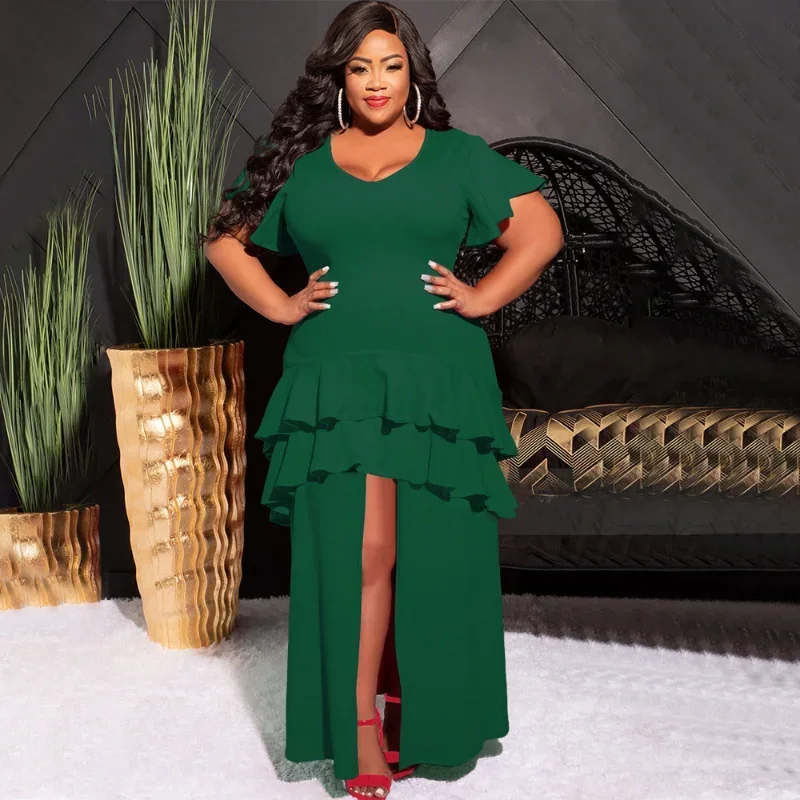 KEXU Большие размеры Женское многоуровневое платье с оборками и высоким разрезом