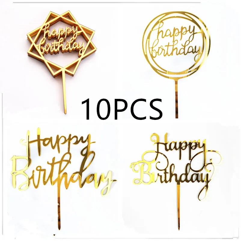 

10 Pcs Simple Happy Birthday Cake Topper Pink Gold Acrylic Kids Cake Toppers Dessert Decoration for Baby Shower Gift Supplies