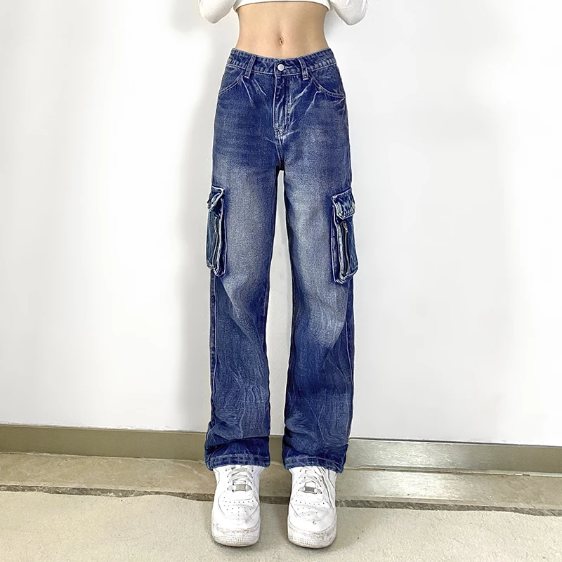 

Female Vintage Jeans High Waist Side Pockets Solid Color Stylish Retro Denim Pants Street Sexy Classic Straight Trousers