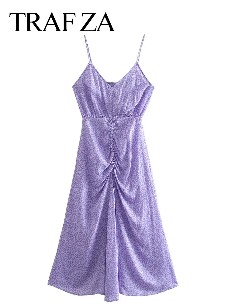 

TRAF ZA Elegant Print Purple Suspender Dress V-neck Button Pleated Long Dress Elegant Seaside Swing Skirt Summer Women Clothes