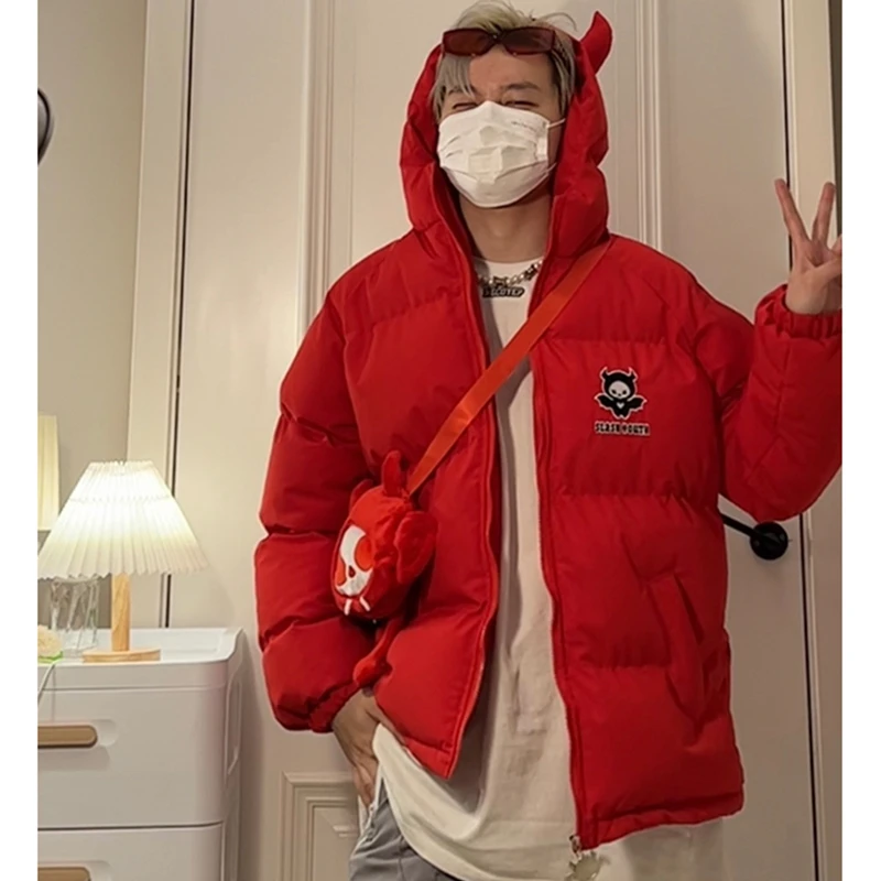Emo Winter Men Streetwear Harajuku Korean Jackets Parkas Zipper Jacket Devil Horn Hoodie Warm Ladies Down Coats Alt Clothes