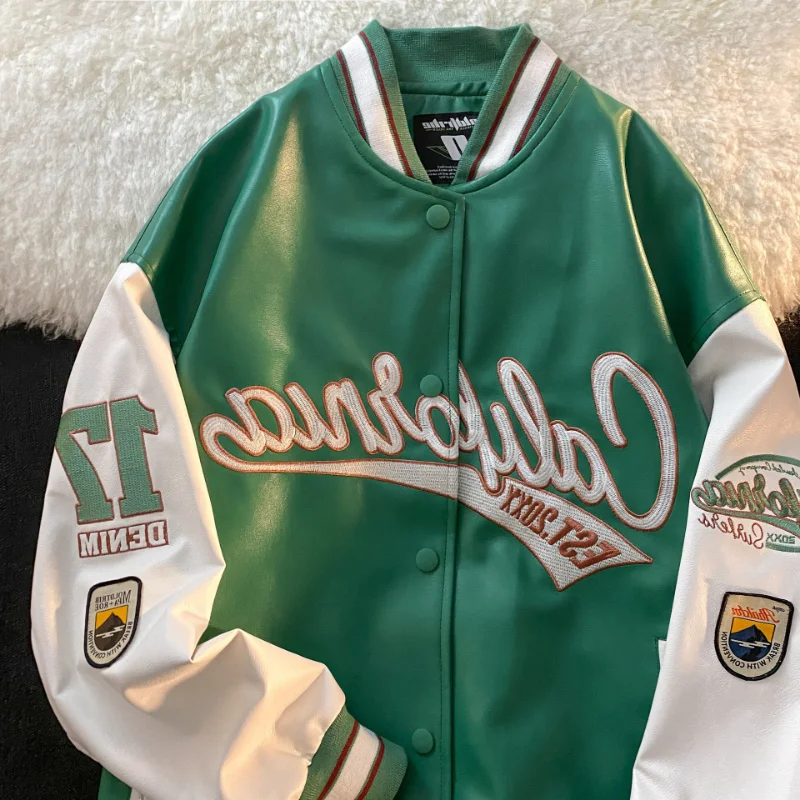

Y2k American Retro Letter Embroidery Leather Jackets Coats Women's 2022 New Street Trend All-match Baseball Uniform Couple Tops