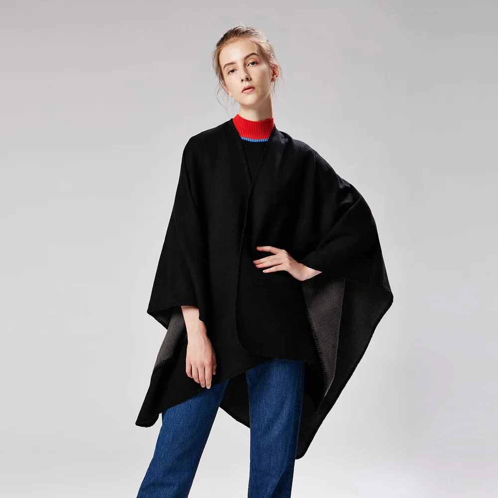 Autumn Winter Solid Color Imitation Cashmere Large Fork Shawl Warm Monochrome Cloak  Ponchos Capes Black