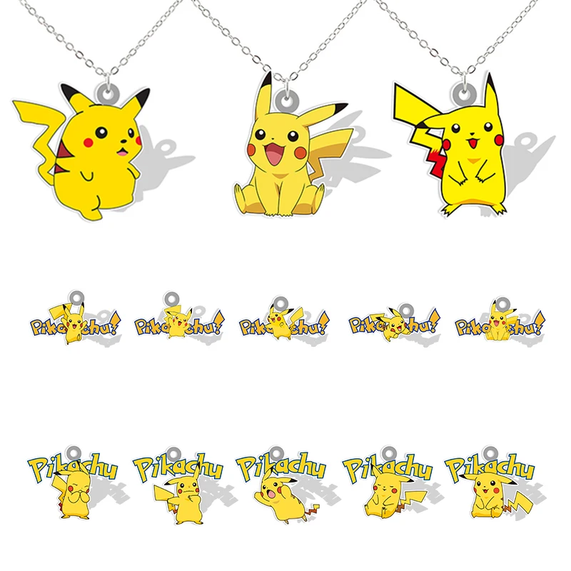 

Popular Pocket Elf Pikachu Long Necklace Yellow Flake Pokemon Figure Neck Resin Charm Jewelry For Friend Party Gift BKM556
