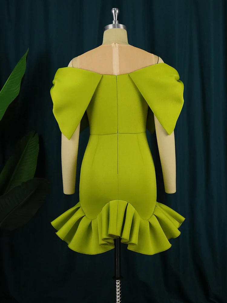 Green Evening Dresses O Neck Tulle Patchwork High Waist Ruffles Plus Size Lovely Bowtie Short Sleeve Cocktail Event Outfits 4XL