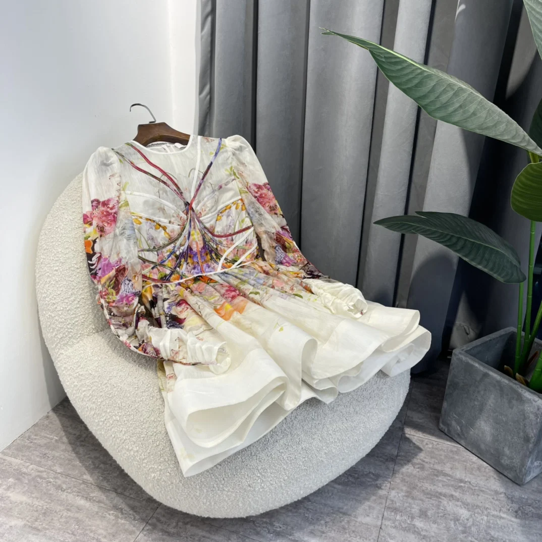 

Мини-платье из шелка и льна, с цветочным принтом и пышными рукавами