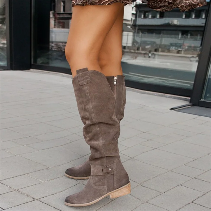 Women Boots Trend 2022 Designer Luxury Faux Suede Casual Low Heel Plus Size Women Shoes Classic Round Head Lady Knee Boots