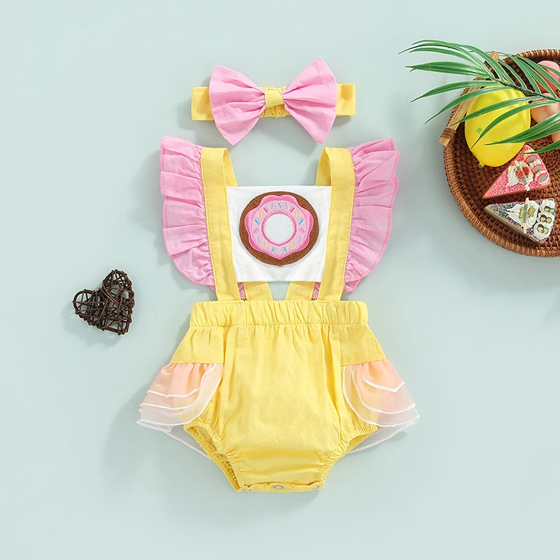 

Infant Baby Girl Summer Jumpsuit Set Ruffled Sleeve Donut Graphic Print Contrast Color Romper + Bow Headband 2PCS