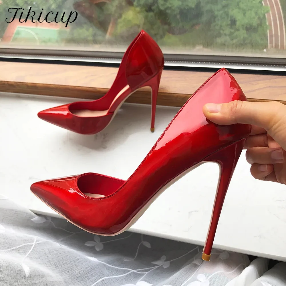 

Tikicup Shiny Red Women Pointy Toe D'Orsay Side Cut High Heel Shoes for Wedding Party Sexy Comfortable Stiletto Pumps Customize