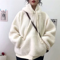 winter pure color lamb wool velvet warm ladies soild pullover casual loose plus velvet thickening lantern sleeve womens hoodie