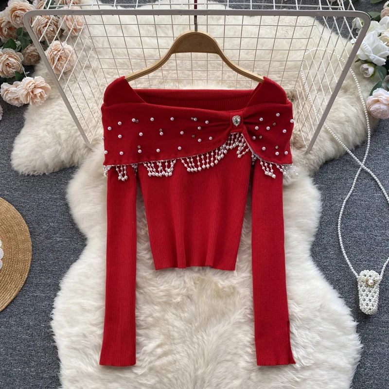 

F GIRLS Gagaok Sweater Women 2022 Spring Autumn New Solid Beading Slash Neck Short Knitted Sweaters Slim Fashion Warm Sweet