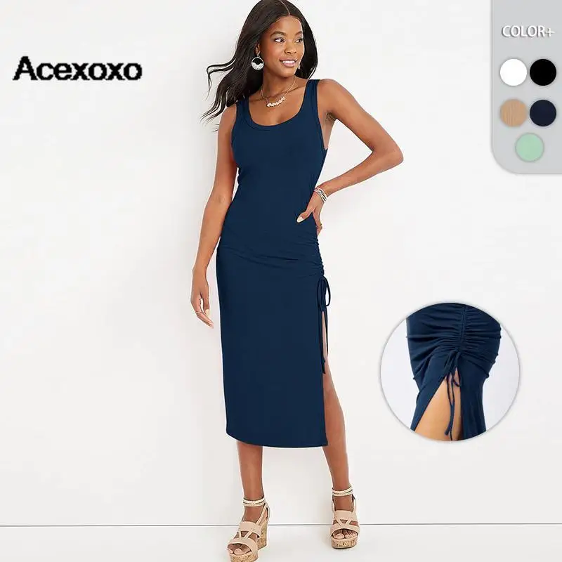 

2023 new spring and summer fashion sexy knit sleeveless dress sexy slit ribbed vest dress women